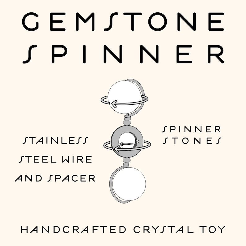May include: A gemstone spinner with three round stones, connected by stainless steel wire and spacers. The text "Gemstone Spinner" is at the top of the image, and the text "Spinner Stones" is on the right side of the image. The text "Stainless Steel Wire and Spacer" is on the left side of the image. The text "Handcrafted Crystal Toy" is at the bottom of the image.