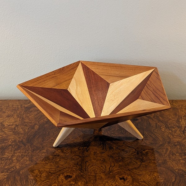 Danish Modern Wood Marquetry Bowl - MCM Space Age Star Tripod Bowl