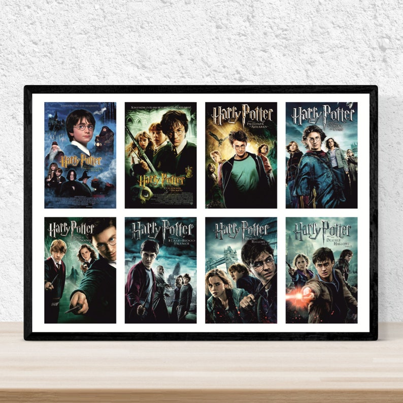 Op de afbeelding: Een collage van filmposters voor de Harry Potter-filmserie. De posters tonen de hoofdpersonages, waaronder Harry Potter, Ron Wemel en Hermelien Griffel. De posters zijn gerangschikt in een rasterpatroon, waarbij elke poster een andere film uit de serie toont.