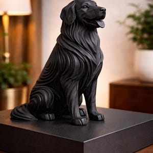 May include: A black sculpture of a dog, possibly a Golden Retriever, sitting on a black square base. The dog has detailed fur and is posed with its tongue out. The sculpture is a decorative item.