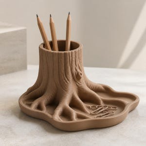 May include: A light brown desk organiser shaped like a tree stump with a central cylindrical holder for three wooden pencils and an integrated wide base tray containing several silver metal paper clips, featuring a textured bark surface.