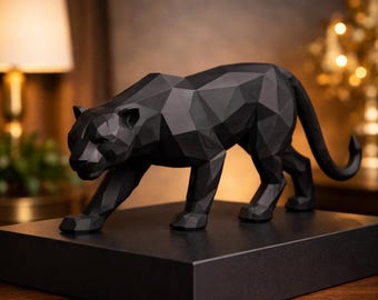 Matte Black Low-Poly Jaguar Sculpture, 8-Inch Geometric Figurine