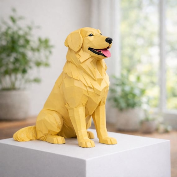 Golden Retriever Figurine, Modern PLA Decor with Soft Fur Texture