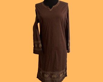 Vintage brown tunic dress with gold colored embroidery