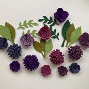 Handmade felt flowers. Floral crafts, felt roses, set of 12 flowers plus leaves. Crafts, scrapbooking, embellishments
