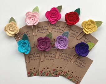 Felt Flower Bookmark, Rose Gold Paper Clip, Teacher Gift