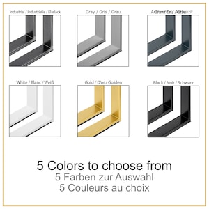 May include: Five table leg options in different colors: industrial, gray, anthracite, white, and gold. The table legs are made of metal and have a simple, modern design.