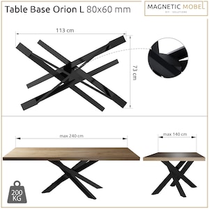 May include: Black metal table base with a cross-shaped design. The base is designed to support a rectangular table top up to 240 inches in length. The base is shown in two configurations, one with a 140 inch table top and one with a 240 inch table top. The base is rated to support up to 200 kg.