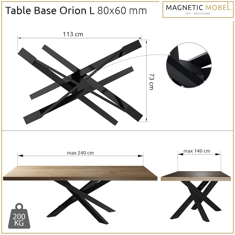 May include: Black metal table base with a cross-shaped design. The base is designed to support a rectangular table top up to 240 inches in length. The base is shown in two configurations, one with a 140 inch table top and one with a 240 inch table top. The base is rated to support up to 200 kg.