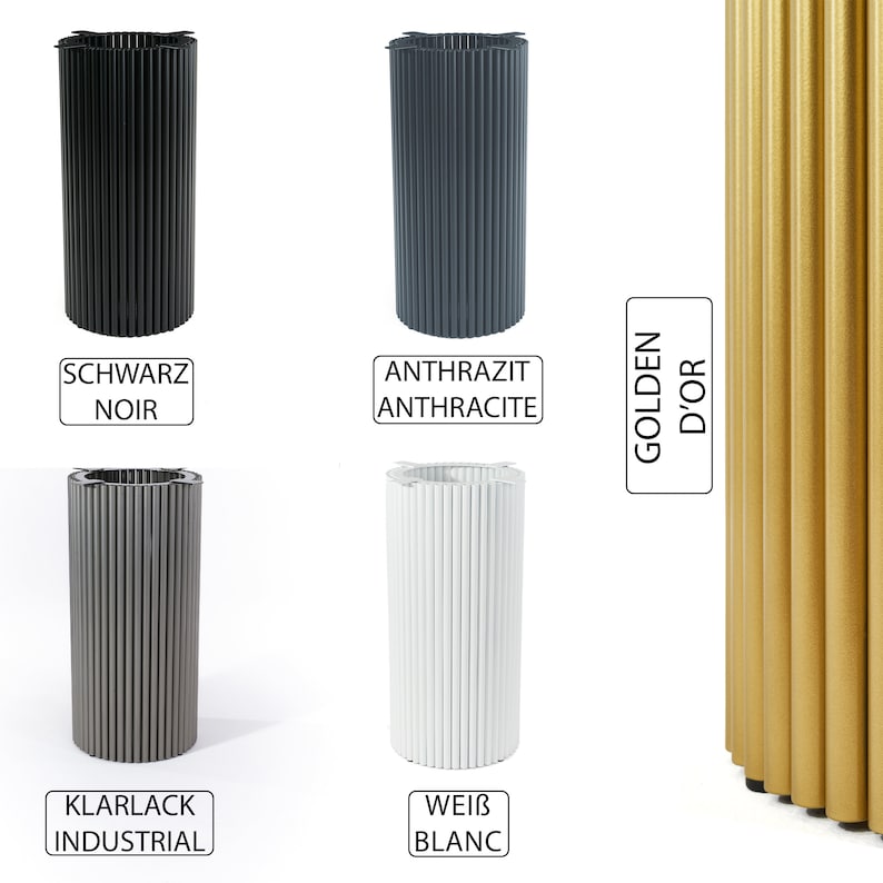 May include: Five different colors of room dividers, each with a vertical ribbed design. The colors are black, dark gray, white, light gray, and gold. The dividers are labeled with their color names in both English and French.