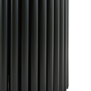 May include: A black metal table base with a cylindrical shape and a fluted design. The base is made of multiple vertical metal rods.