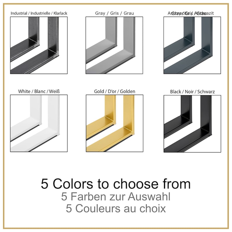 May include: Five table leg options in different colors: industrial, gray, anthracite, white, and gold. The table legs are made of metal and have a simple, modern design.