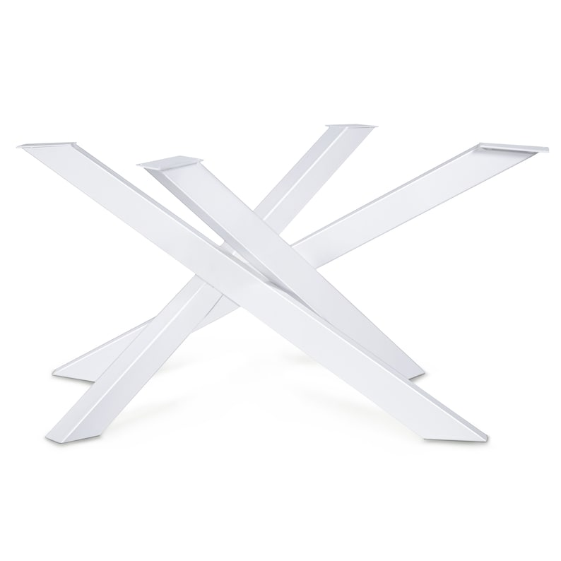 May include: White metal table base with four legs that intersect in the middle, forming an X shape.