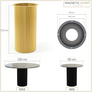 May include: Two round tables with black bases and gray tops. The larger table is 120 cm in diameter and the smaller table is 50 cm in diameter. Both tables have a gold metal base with a ribbed design. The text "MAX" is below the larger table and the text "MIN" is below the smaller table.