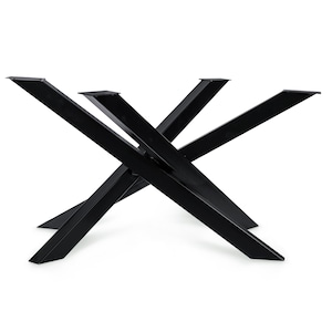 May include: Black metal table base with a unique X-shaped design. The base is made of sturdy metal and has a sleek, modern look.