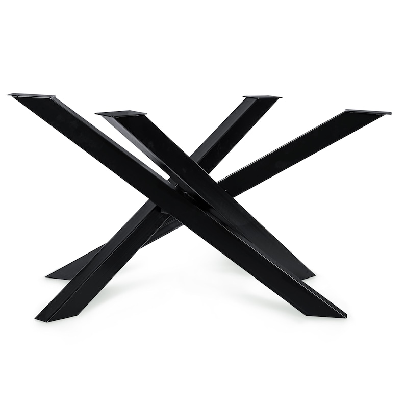May include: Black metal table base with a unique X-shaped design. The base is made of sturdy metal and has a sleek, modern look.