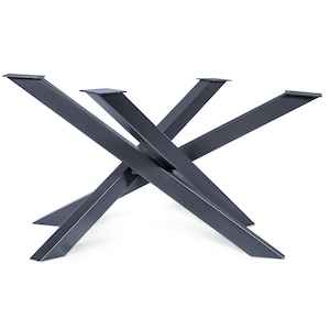 May include: A dark gray metal table base with a unique X-shaped design. The base has three legs that intersect in the center, creating a sturdy and stylish support for a table top.