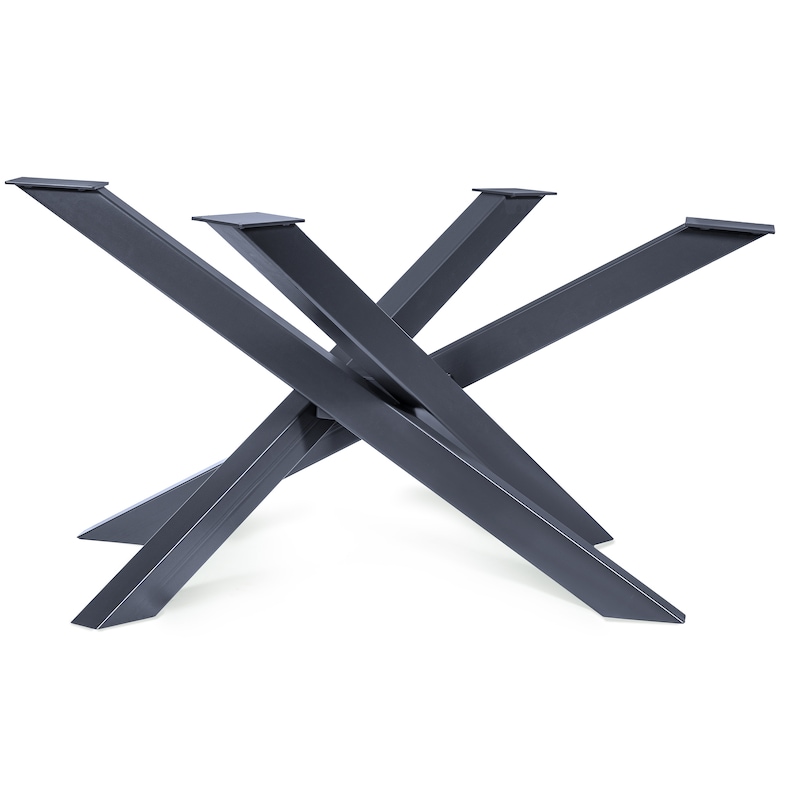 May include: A dark gray metal table base with a unique X-shaped design. The base has three legs that intersect in the center, creating a sturdy and stylish support for a table top.