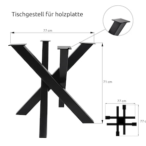 May include: Black metal table base with four legs, measuring 77 inches wide and 71 inches tall. The base is designed to support a wood tabletop.