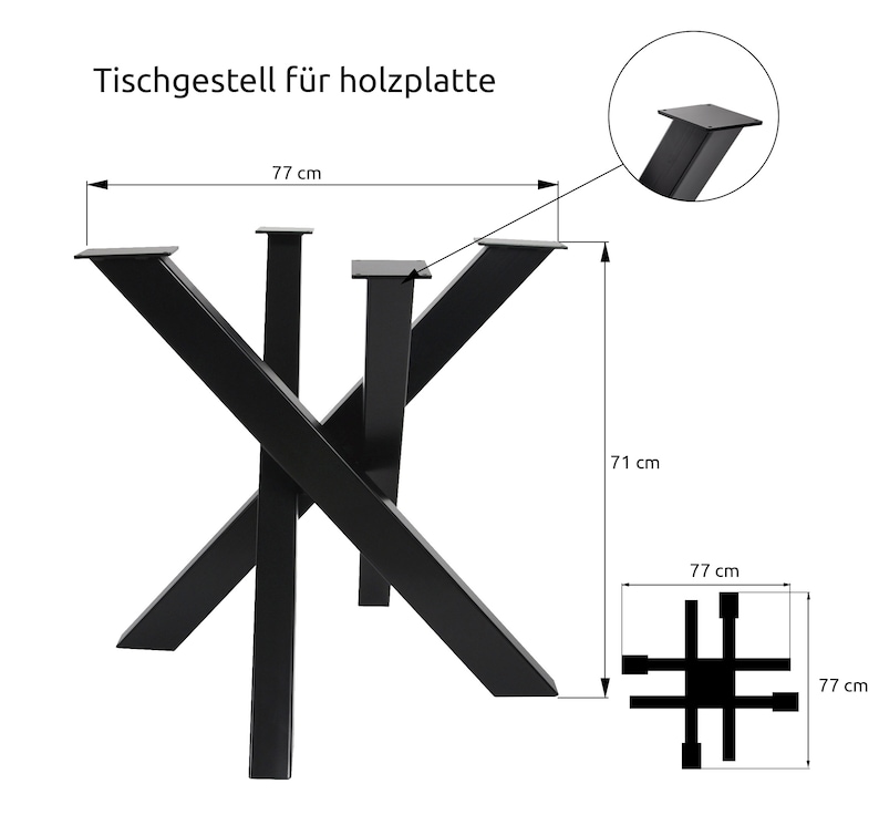 May include: Black metal table base with four legs, measuring 77 inches wide and 71 inches tall. The base is designed to support a wood tabletop.
