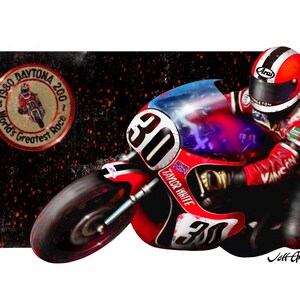 May include: A red and white motorcycle racer in a red and white racing suit and helmet, riding a red motorcycle with the number 30 on the side. The motorcycle is on a black and red background with the text "1980 DAYTONA 200 - World's Greatest Race" in a circle.