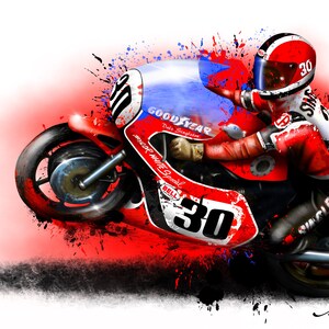 May include: A red and white motorcycle with the number 30 on the side, a rider wearing a red and white racing suit and helmet, and a Goodyear tire logo on the side of the motorcycle. The image is set against a red and white splatter background.