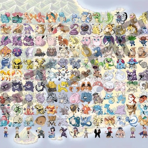 Hand drawn Poster - Original 151 Pokemon and 14 Trainers - Kanto Map Background - Fanart
