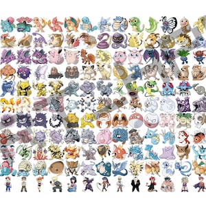 May include: A collection of various colorful Pokémon characters, including Bulbasaur, Pikachu, and Charizard, arranged in a grid pattern. The image features a variety of creatures with unique designs and colors, set against a white background.