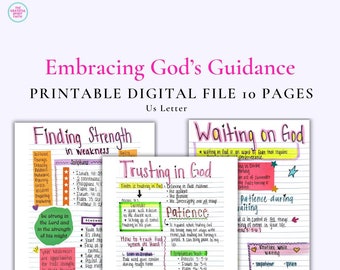 May include: Printable digital file of 10 pages with handwritten notes on embracing God's guidance. The pages are divided into three sections: Finding Strength in Weakness, Trusting in God, and Waiting on God. Each section includes scripture verses, tips, and prayers.