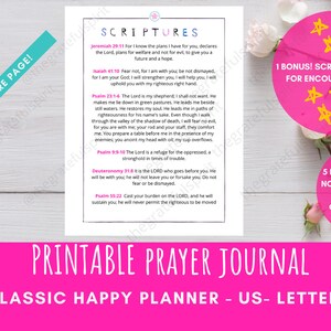 May include: Printable prayer journal with a pink and white background. The journal features a page with scripture verses and a page with blank notes for journaling. The text on the page reads "Printable Prayer Journal" and "Classic Happy Planner - US - Letter".