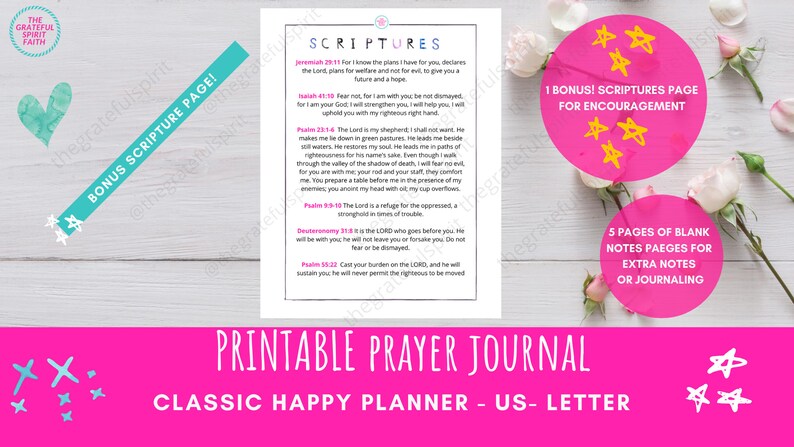 May include: Printable prayer journal with a pink and white background. The journal features a page with scripture verses and a page with blank notes for journaling. The text on the page reads "Printable Prayer Journal" and "Classic Happy Planner - US - Letter".