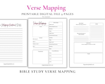 May include: Printable Bible study verse mapping worksheets with a pink and black design. The worksheets include sections for verse, context, word study, cross references, and application.