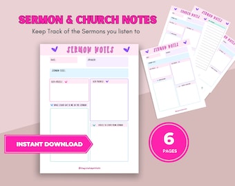 May include: A collection of sermon notes pages with a pink and blue color scheme. The pages include sections for date, speaker, sermon title, key verses, key points, and notes. The words "SERMON & CHURCH NOTES" and "INSTANT DOWNLOAD" are visible.