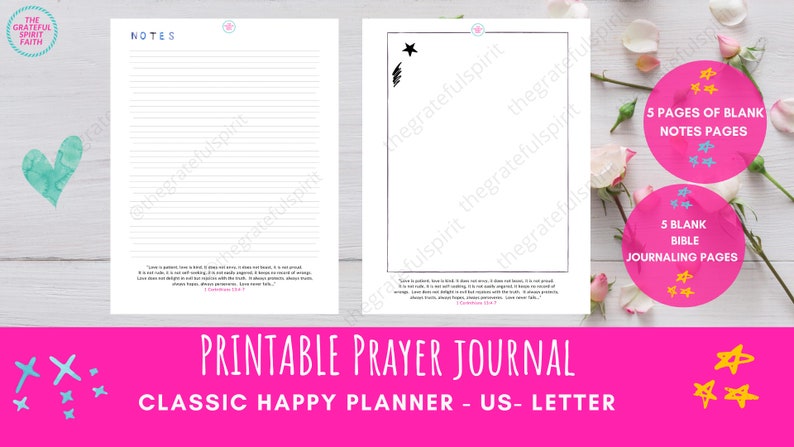 May include: Printable prayer journal in a classic happy planner style. The cover features a pink background with white stars and the text "Printable Prayer Journal" and "Classic Happy Planner - US-Letter". The inside pages are blank and lined for writing.
