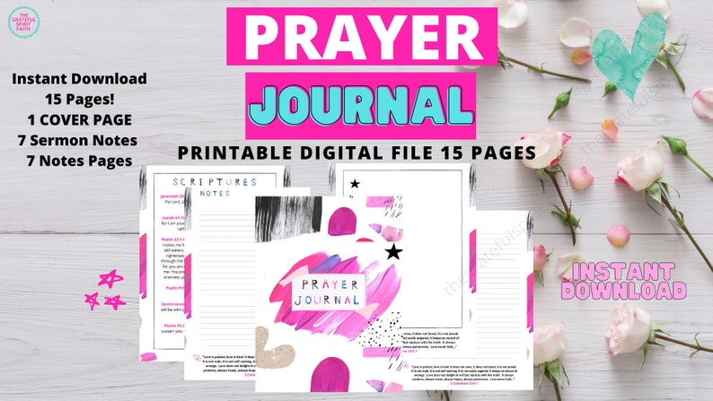 May include: Printable digital prayer journal with a pink and blue cover featuring the words "Prayer Journal" and abstract brushstrokes. The journal includes 15 pages, 1 cover page, 7 sermon notes pages, and 7 notes pages.