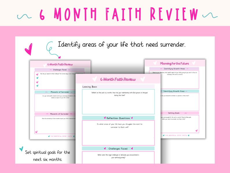 Pu&ograve; includere: Un foglio di lavoro stampabile con uno schema di colori rosa e blu. Il foglio di lavoro &egrave; intitolato "6 Month Faith Review" e include sezioni per riflettere sugli ultimi sei mesi, identificare le aree da abbandonare e stabilire obiettivi spirituali per i prossimi sei mesi.