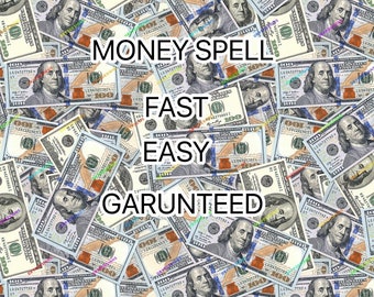 Może przedstawiać: Kolaż banknotów 100 dolarów amerykańskich z nałożonym tekstem "MONEY SPELL FAST EASY GARUNTEED".