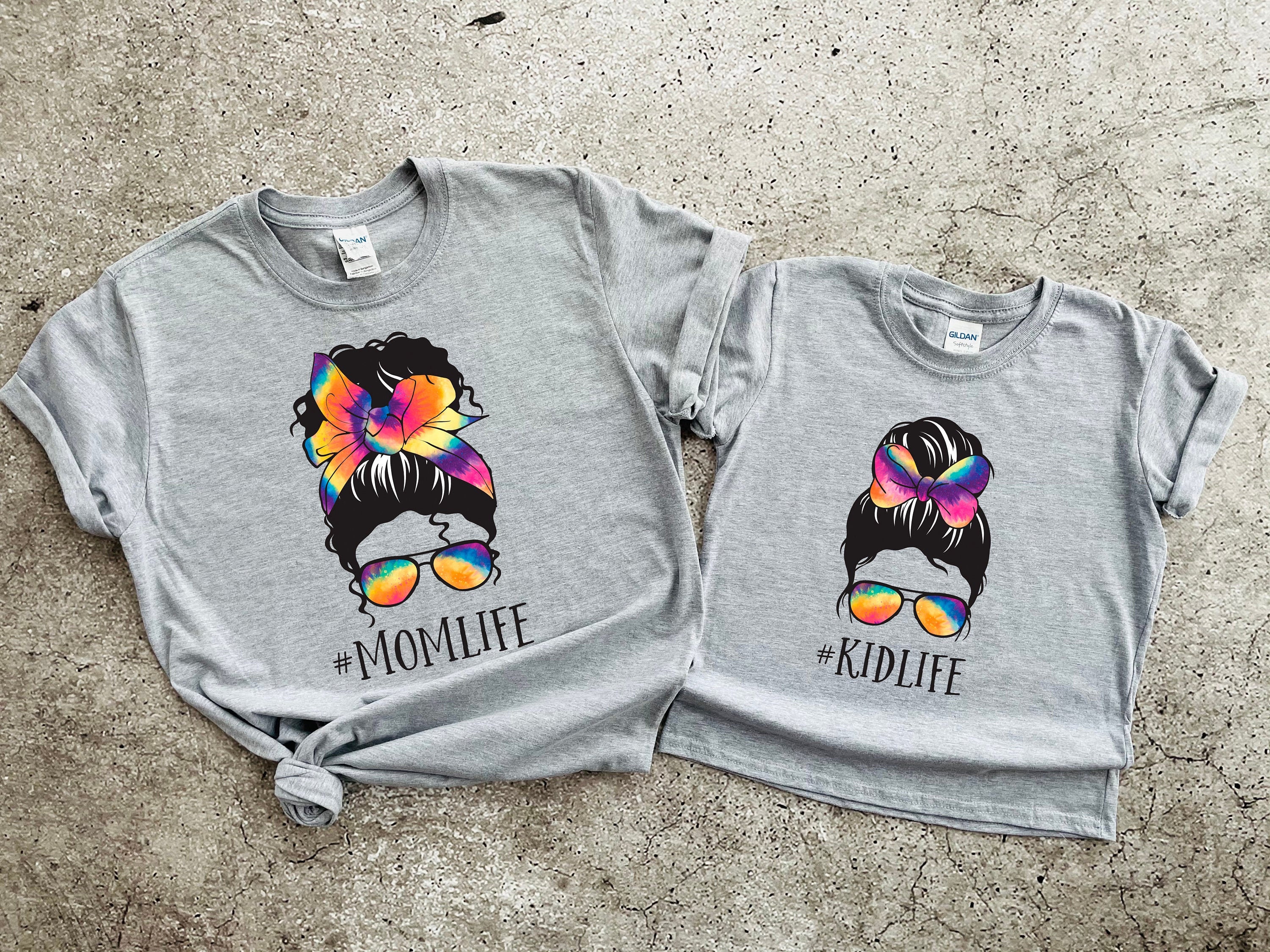 Custom Women Messy Bun Tie Dye Print Shirt, Mom Life Messy Bun Glasses Women, Mom Kid Life Matching Shirt, Custom Family Matching Shirts
