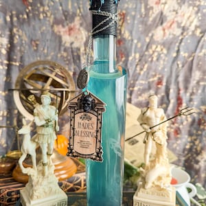 Può includere: Un'alta bottiglia di vetro trasparente riempita di liquido blu, adornata con un tappo decorativo nero e argento e un'etichetta con la scritta "Hades Blessing". La bottiglia è decorata con una catena d'argento e una base nera. Statue di dei greci sullo sfondo.