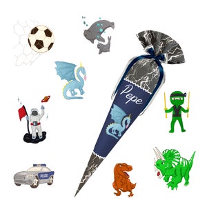 May include: A blue and white cone-shaped party favor with a black and white lightning bolt pattern. The cone has a blue ribbon and a tag that says "Pepe". The cone is surrounded by various cartoon images, including a soccer ball, a dragon, a dinosaur, a ninja, an astronaut, and a seal.