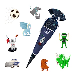 May include: A blue and white school cone with stars and a rocket ship design. The cone has the name "Till" written on it. The cone is surrounded by various illustrations including a soccer ball, a dragon, a ninja, a dinosaur, an astronaut, and a police car.