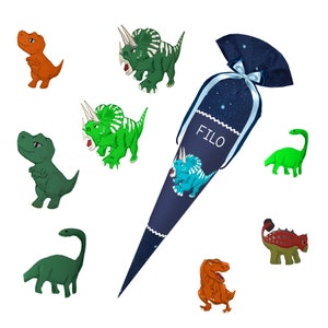 May include: A blue and white school cone with a star pattern and the word "FILO" printed on it. The cone is surrounded by colorful dinosaur illustrations.