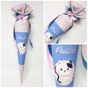 Individually sewn school bag with embroidered motif - cat matching the Samsonite - old pink - blue