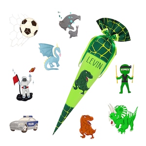 May include: A green school cone with a dinosaur, a ninja, and a dragon design. The cone has the name "Levin" written on it.