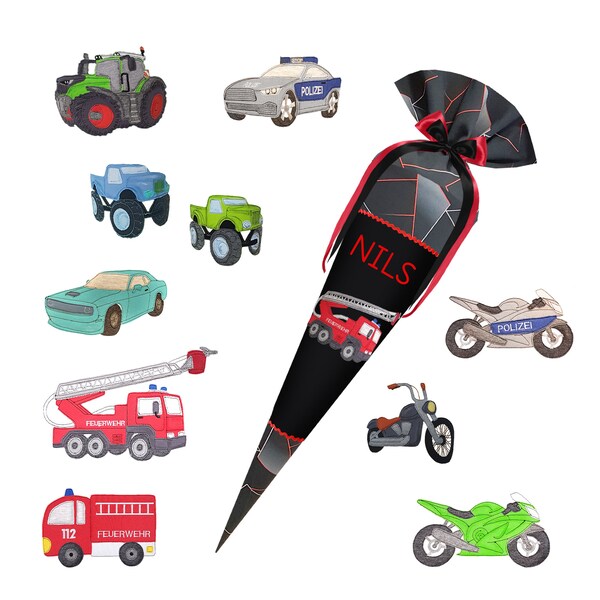 Stitched school bag - boys - suitable for Step by Step Dragon Drako - vehicles, police car, fire brigade, motorcycle, tractor