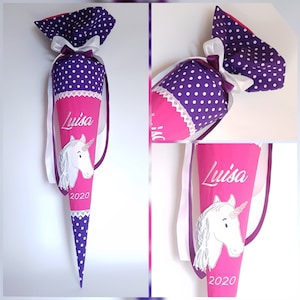 Individually sewn school bag with embroidered motif - unicorn