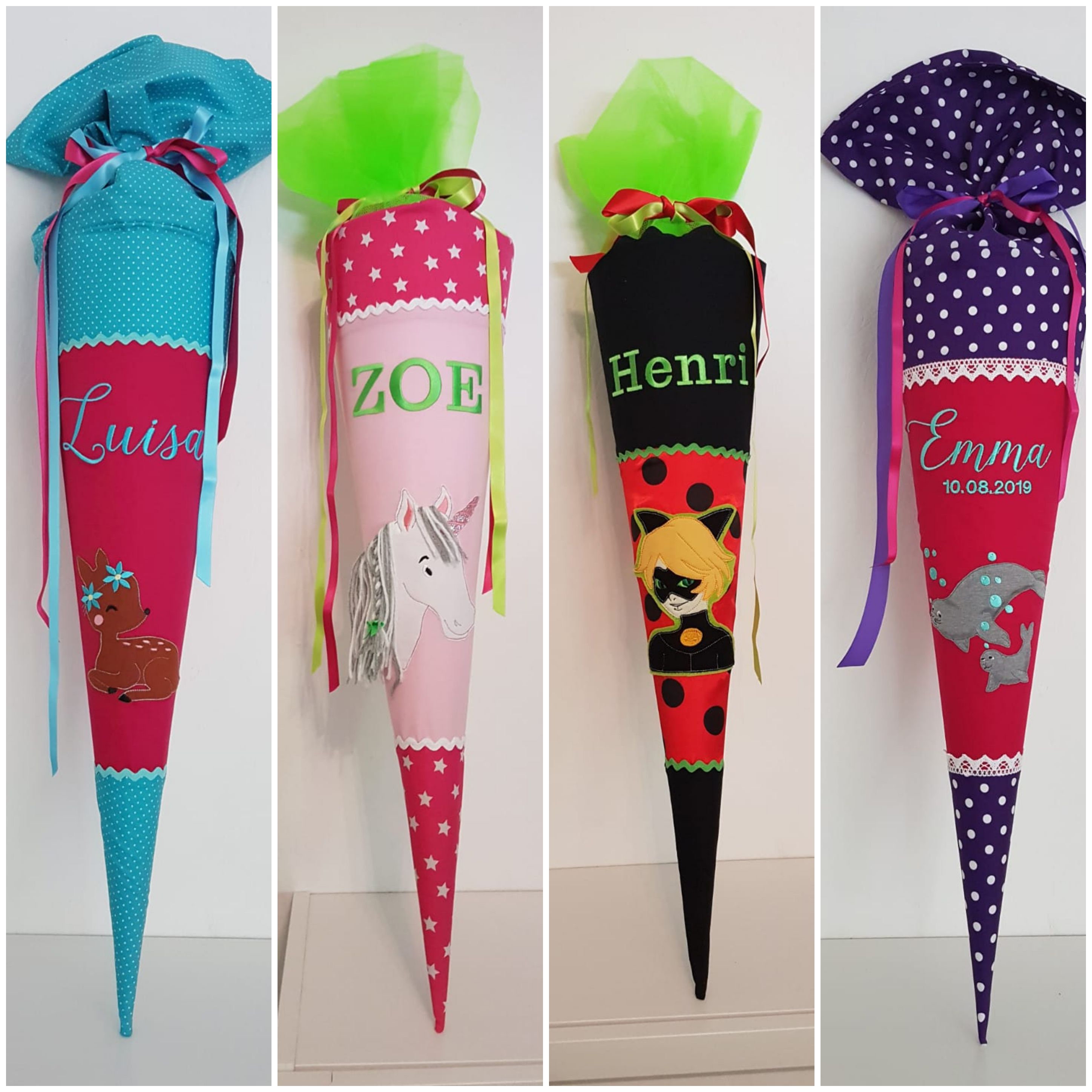 Individuell genähte Schultüte mit gesticktem Motiv - Dino / grün Sterne ...