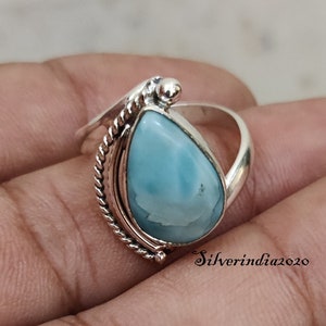 Larimar Ring~ 925 Silver Ring~ Handmade Ring~ Pear Shape Stone~ Designer Ring~ Beautiful Ring~ Promised Ring~ Women Ring~ Gift For Her