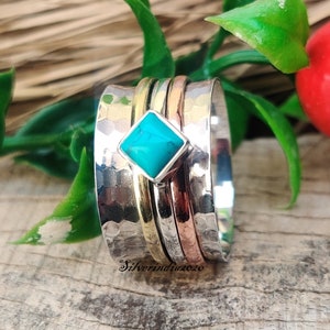 Turquoise Ring*Gemstone Band Ring*925 Sterling Silver Ring*Handmade Ring*Square Shape Ring*Beautiful Band*Women Ring*Promised Ring*