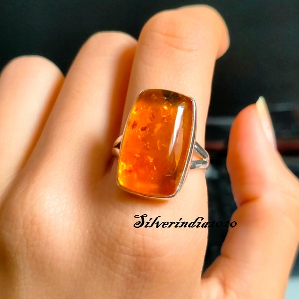 Amber Ring, Silver Band Ring, 925 Silver Ring, Gemstone Ring, Manmade Ring, Dainty Ring, Women Ring, Gift For Her, Anniversary Ring